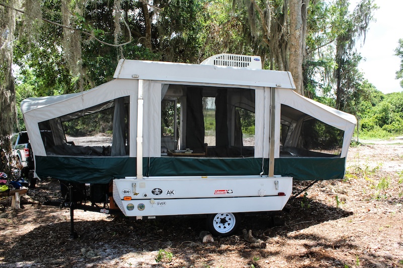 Arcadia, FL, USA: May 2021: Coleman pop up camping trailer for traveling and sleeping.