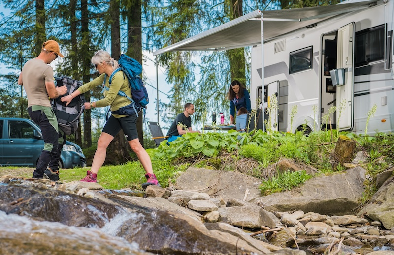 RV Road Trip with Family and Friends. Recreational Vehicles Theme.