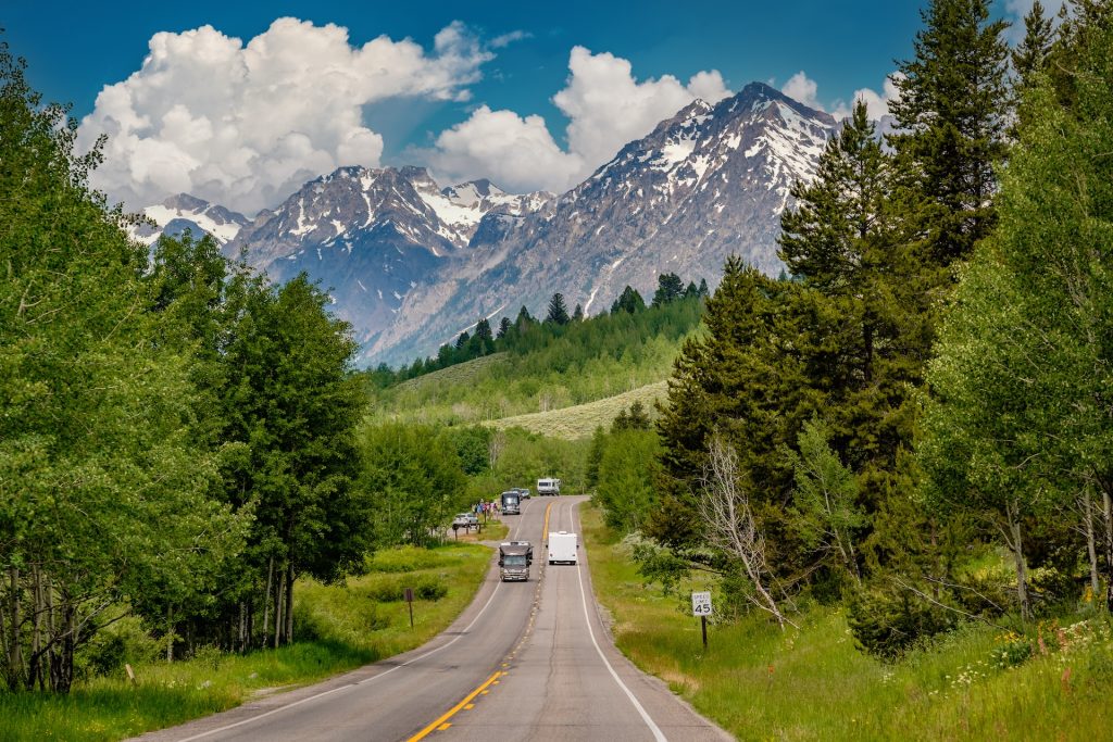 Highway in Grand Teton National Park, Wyoming, USA